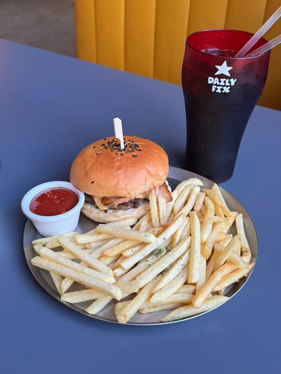 Close-up of the thick bacon cheeseburger