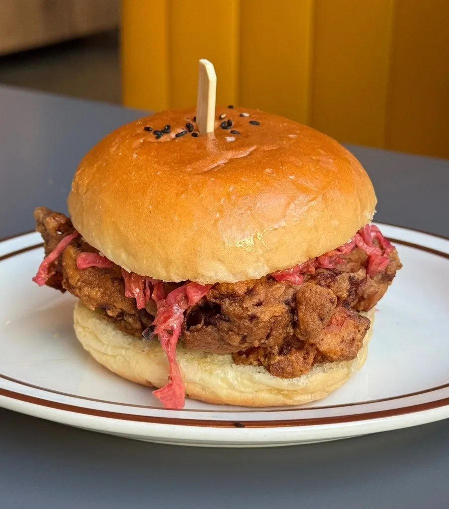 Side view of the chicken burger with vegetables