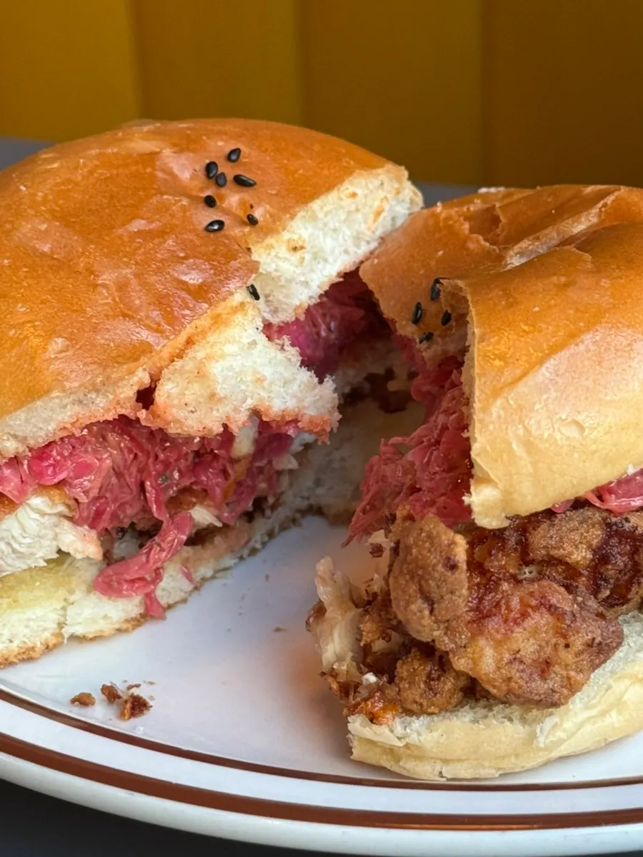 Close-up cross-section of the chicken burger