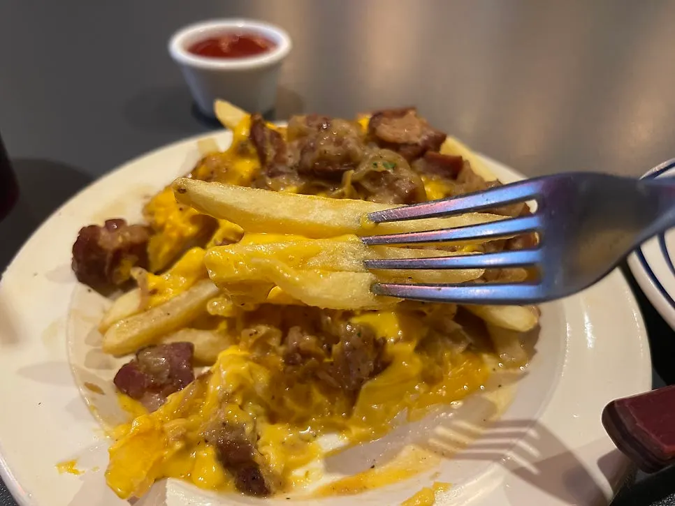 Close-up of bacon cheese fries with ketchup on the side