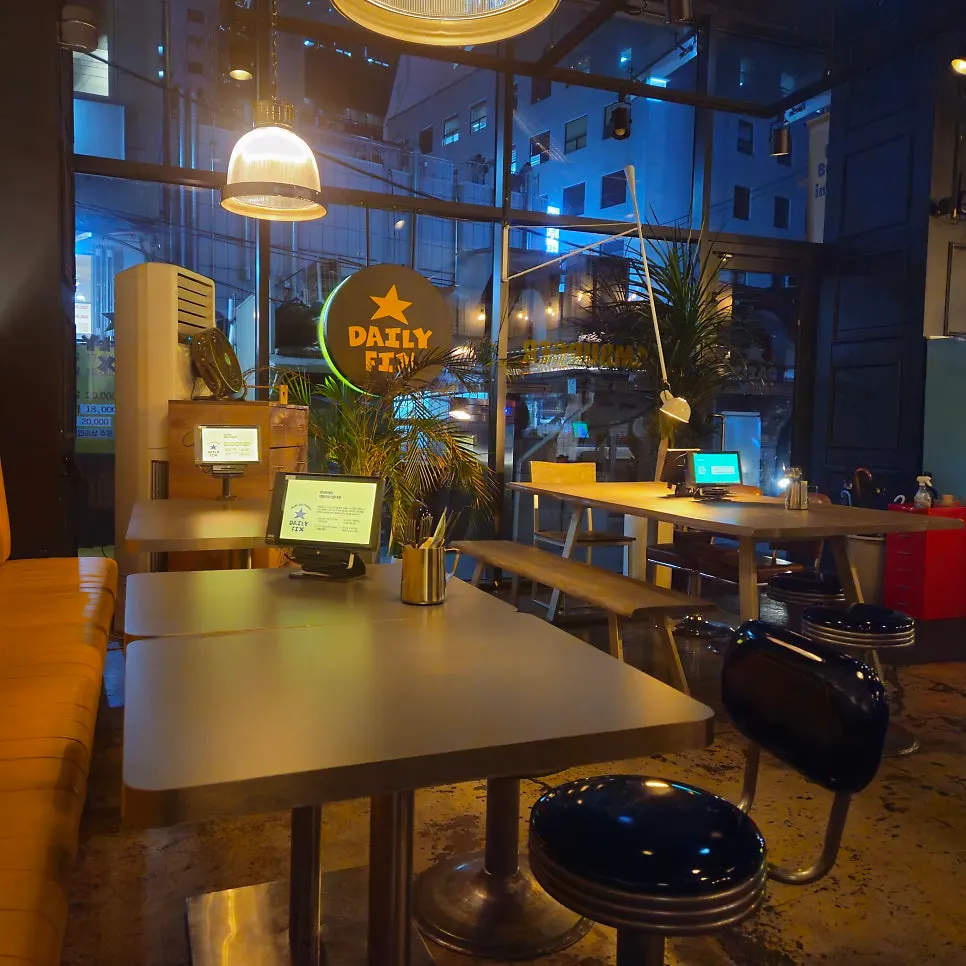 Tables and lighting inside the restaurant