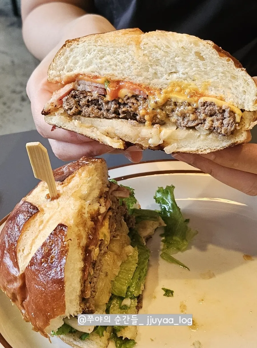 Cross-section of the pretzel bun burger