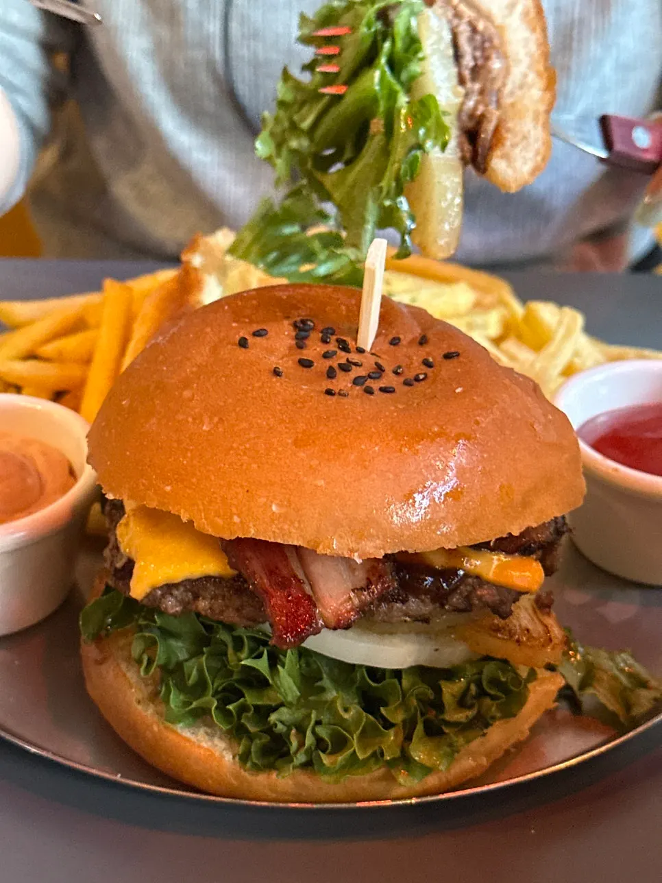 A single Hawaiian Bacon BBQ Burger