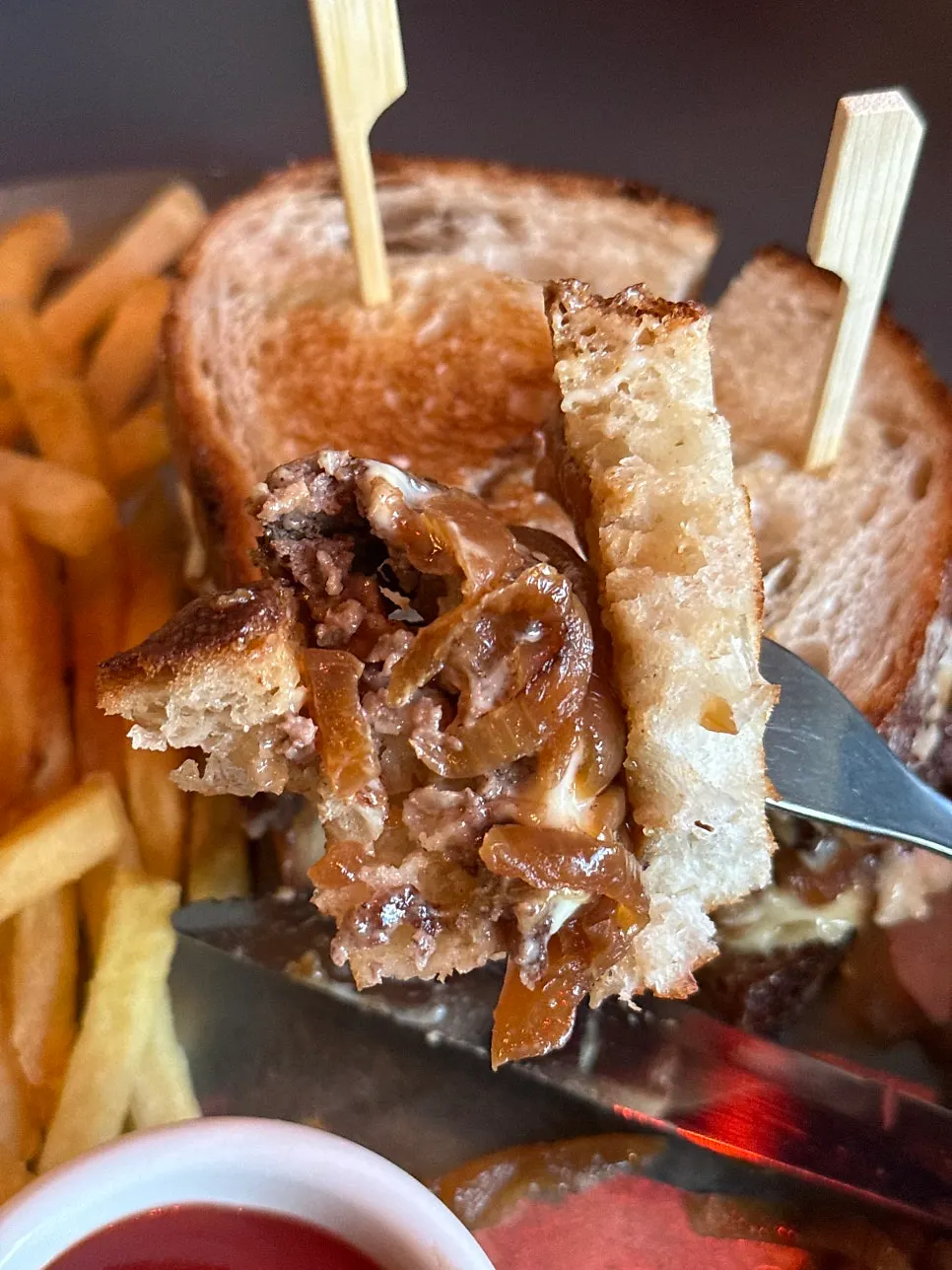 Inside of the Patty Melt with Hanwoo patty and two slices of cheese