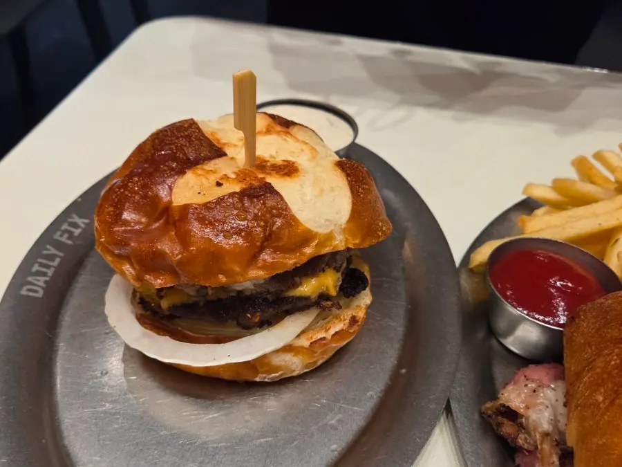 Cross-section of the double cheeseburger showing thick patty and cheese