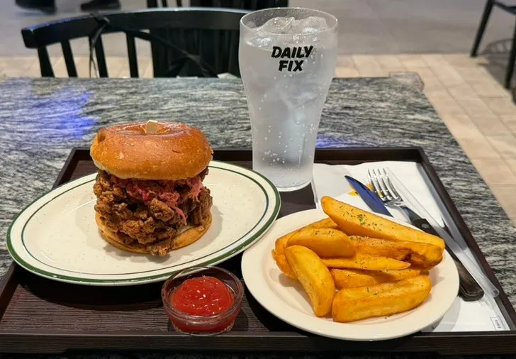 Crispy chicken burger with thick-cut fries set