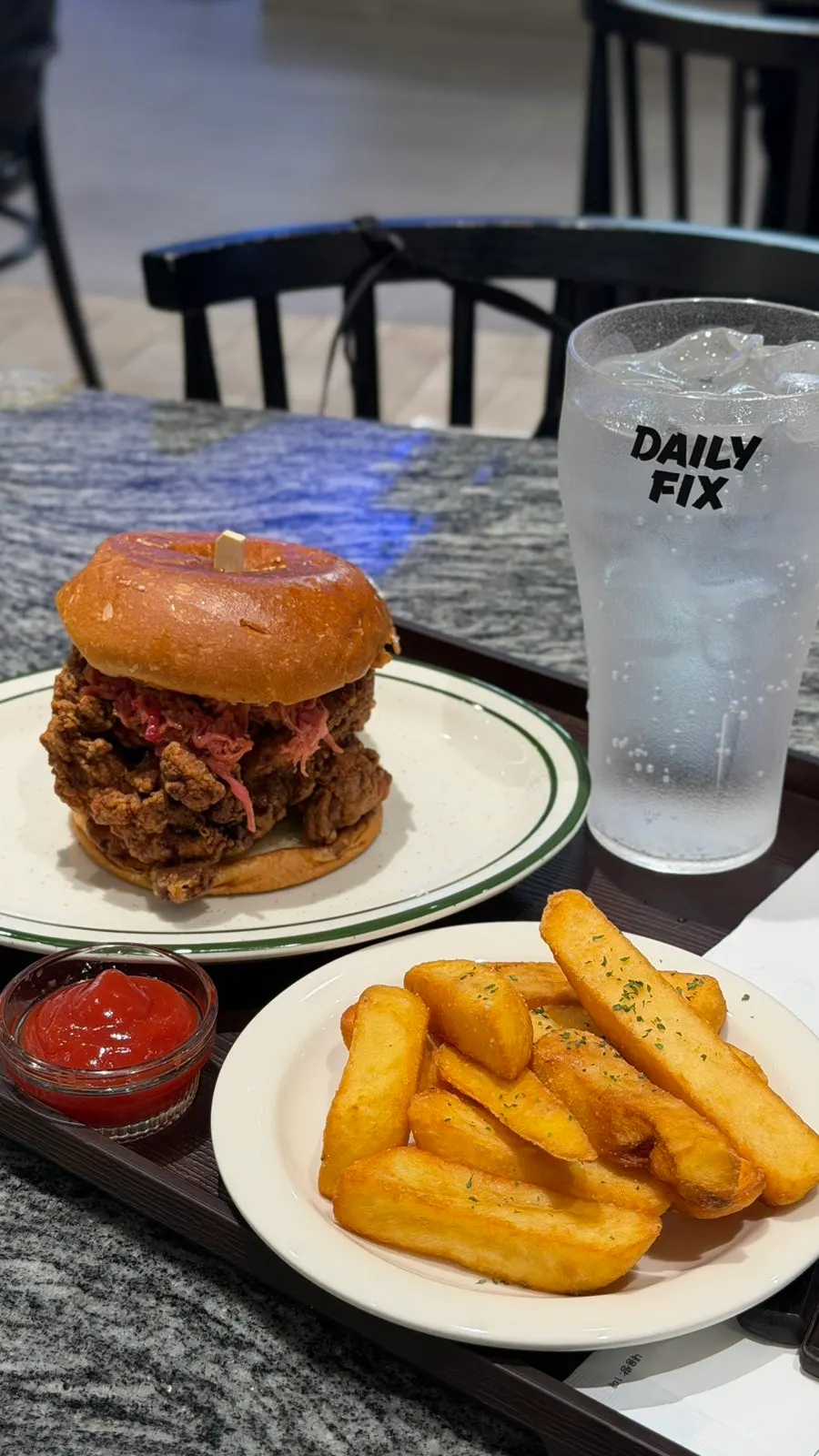 Vertical shot of the burger and fries set