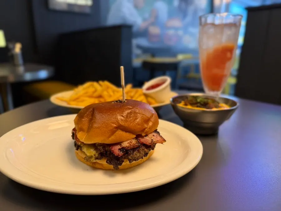Close-up of the bacon cheeseburger
