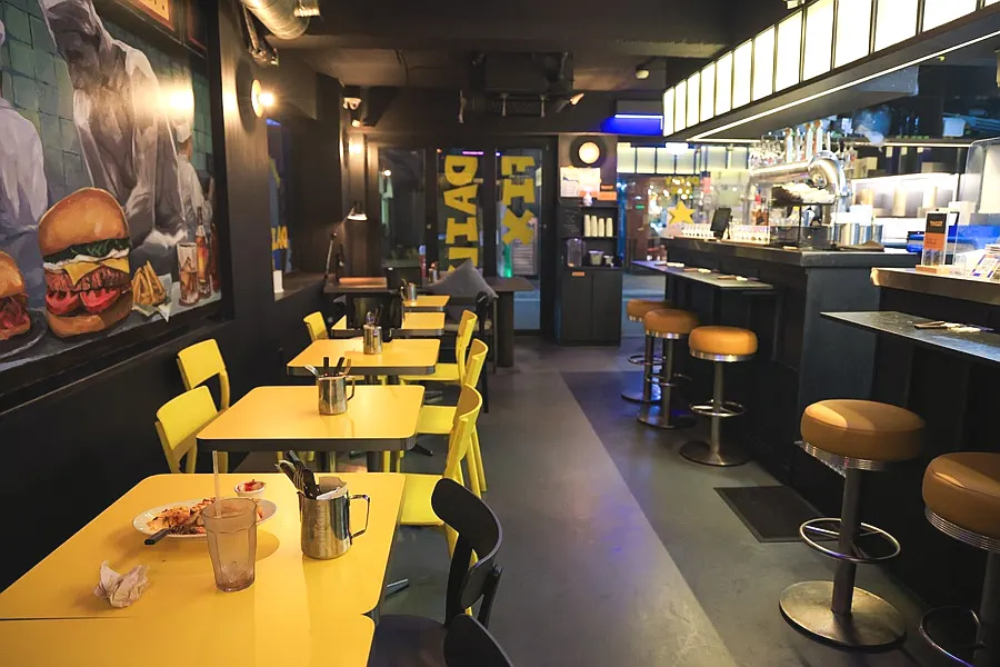 Pub-like interior of the Daily Fix restaurant