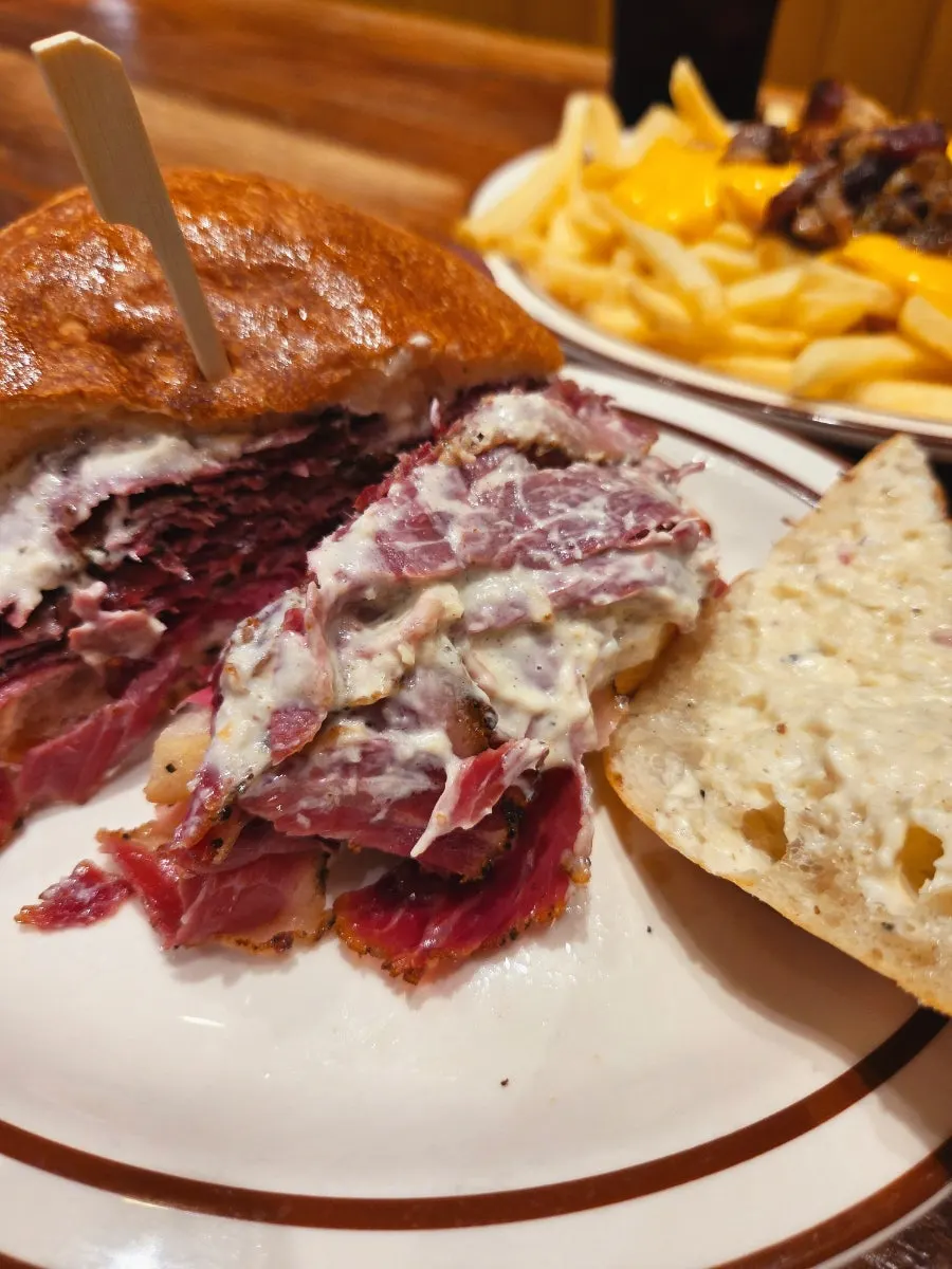 Cross-section showing multiple stacked layers of pastrami ham