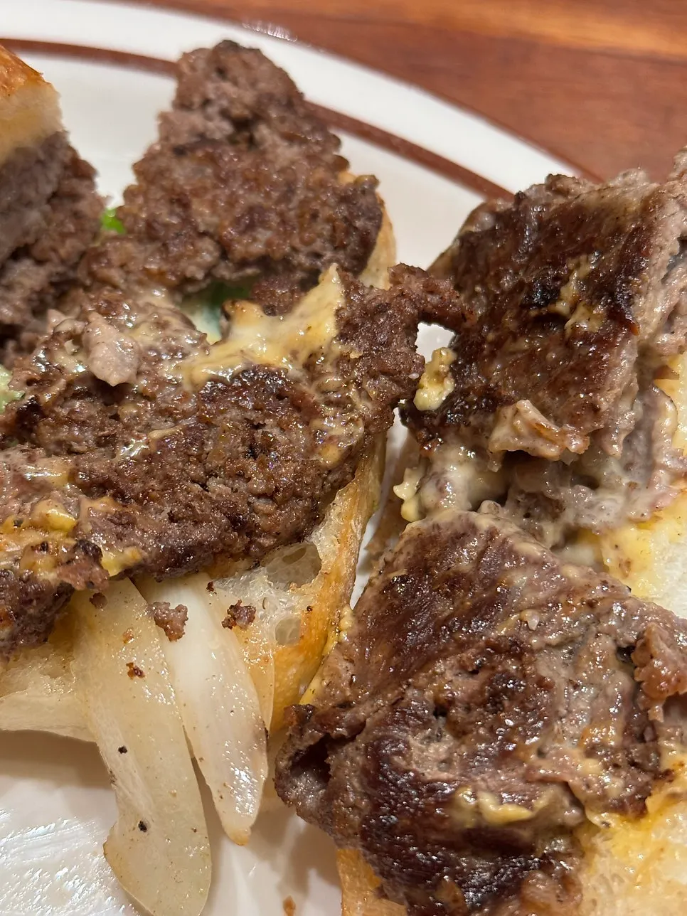 Close-up of the smoky-charred Korean beef patty in the double cheeseburger