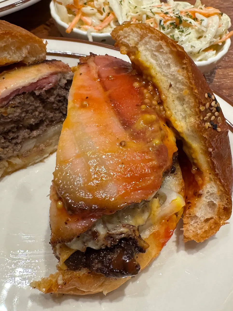 Burger with caramelized onions and bacon