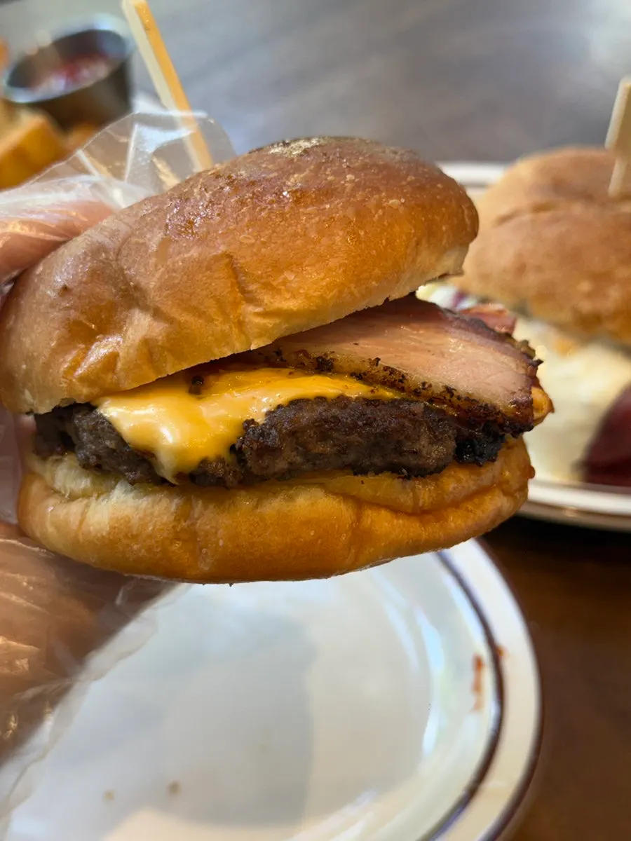 Cross-section of the Korean beef patty bacon cheese burger