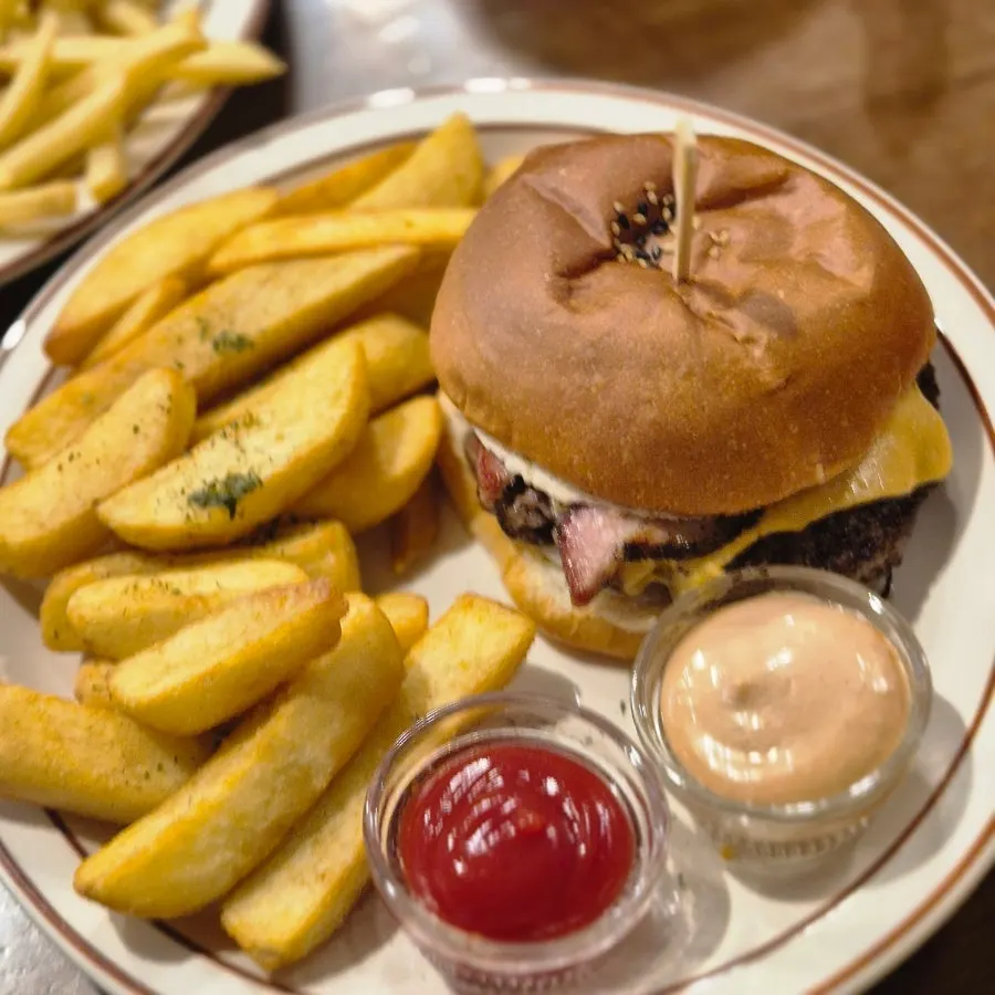 Full spread of burgers and sides at Daily Fix Jangmi Sangga