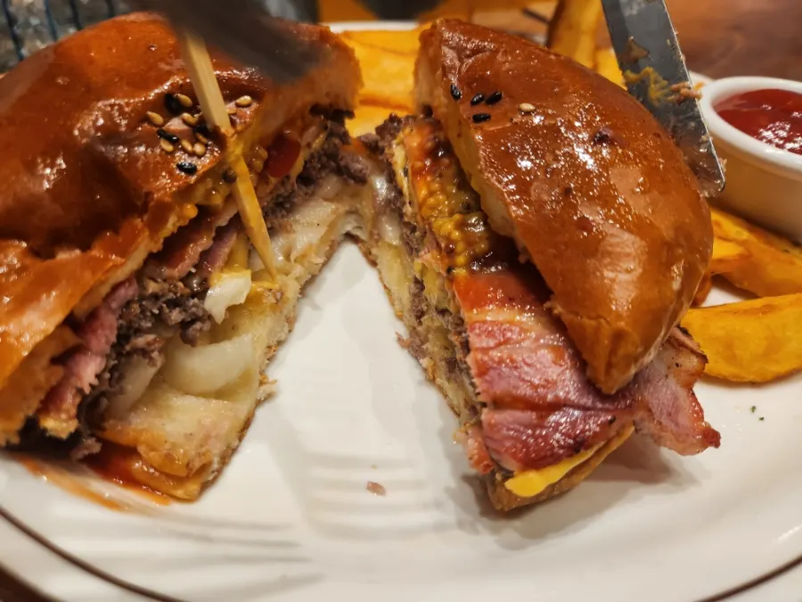 Close-up of the bacon cheese burger