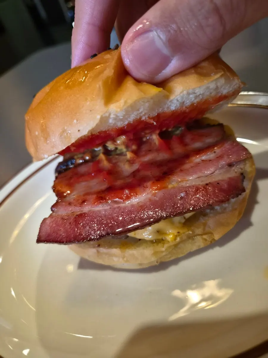 Bacon cheeseburger with the bun swapped to pretzel