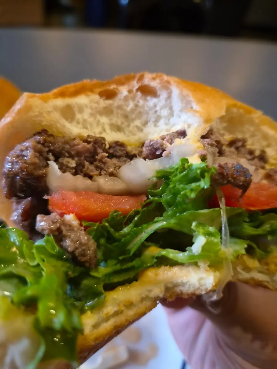 Cross-section of the classic burger with fries