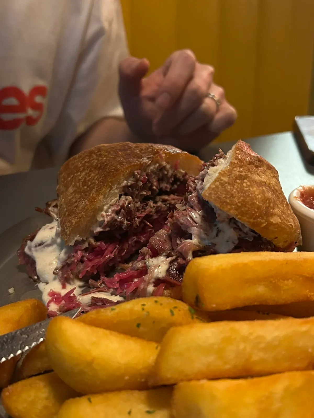 Pastrami sandwich stacked in layers