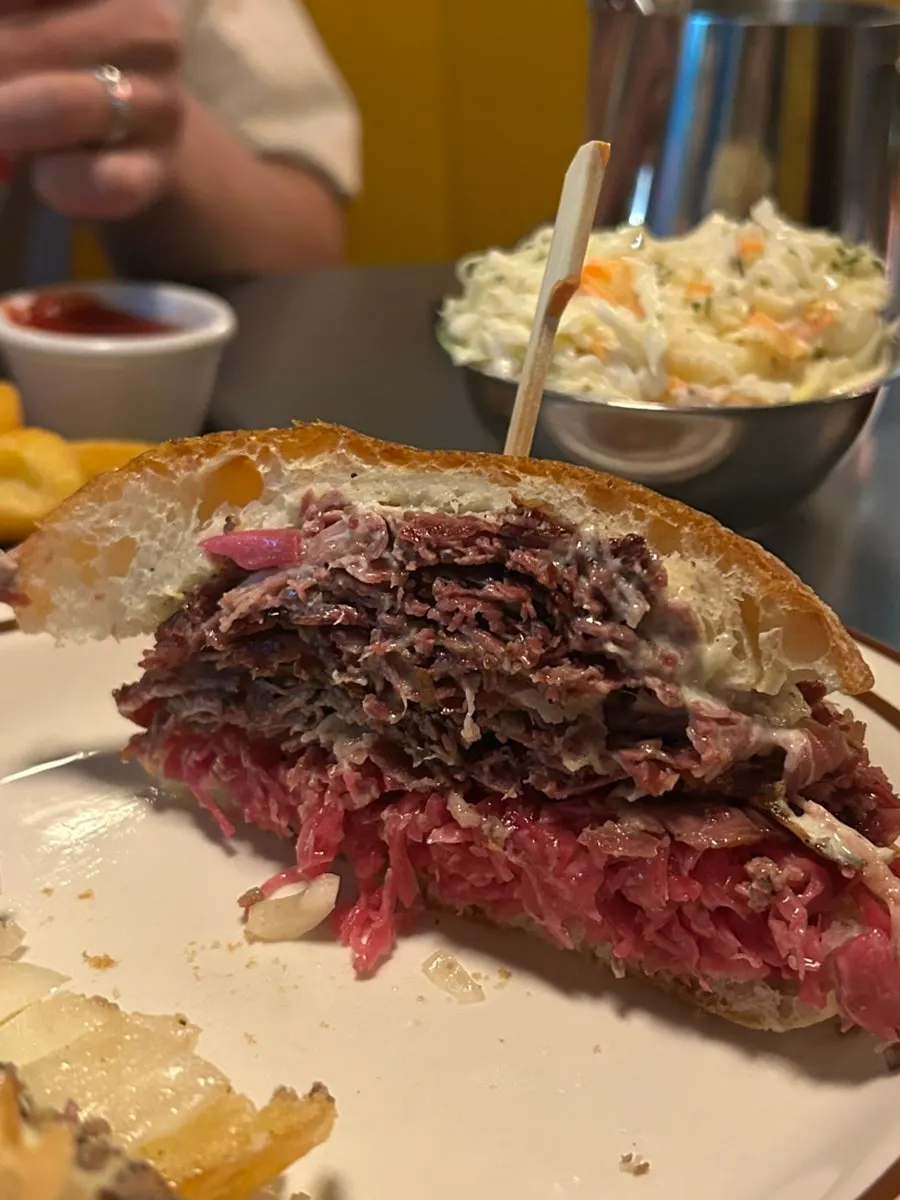 Pastrami meat pulling apart in strands