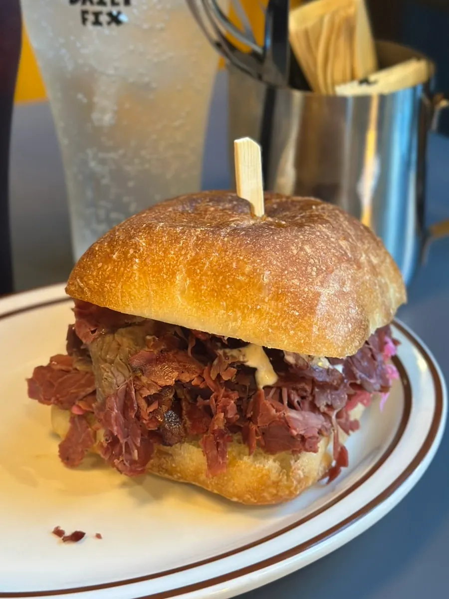 Cross-section of the pastrami sandwich packed with brisket