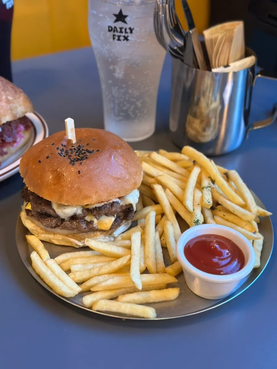 Double cheese burger set with fries and Coke