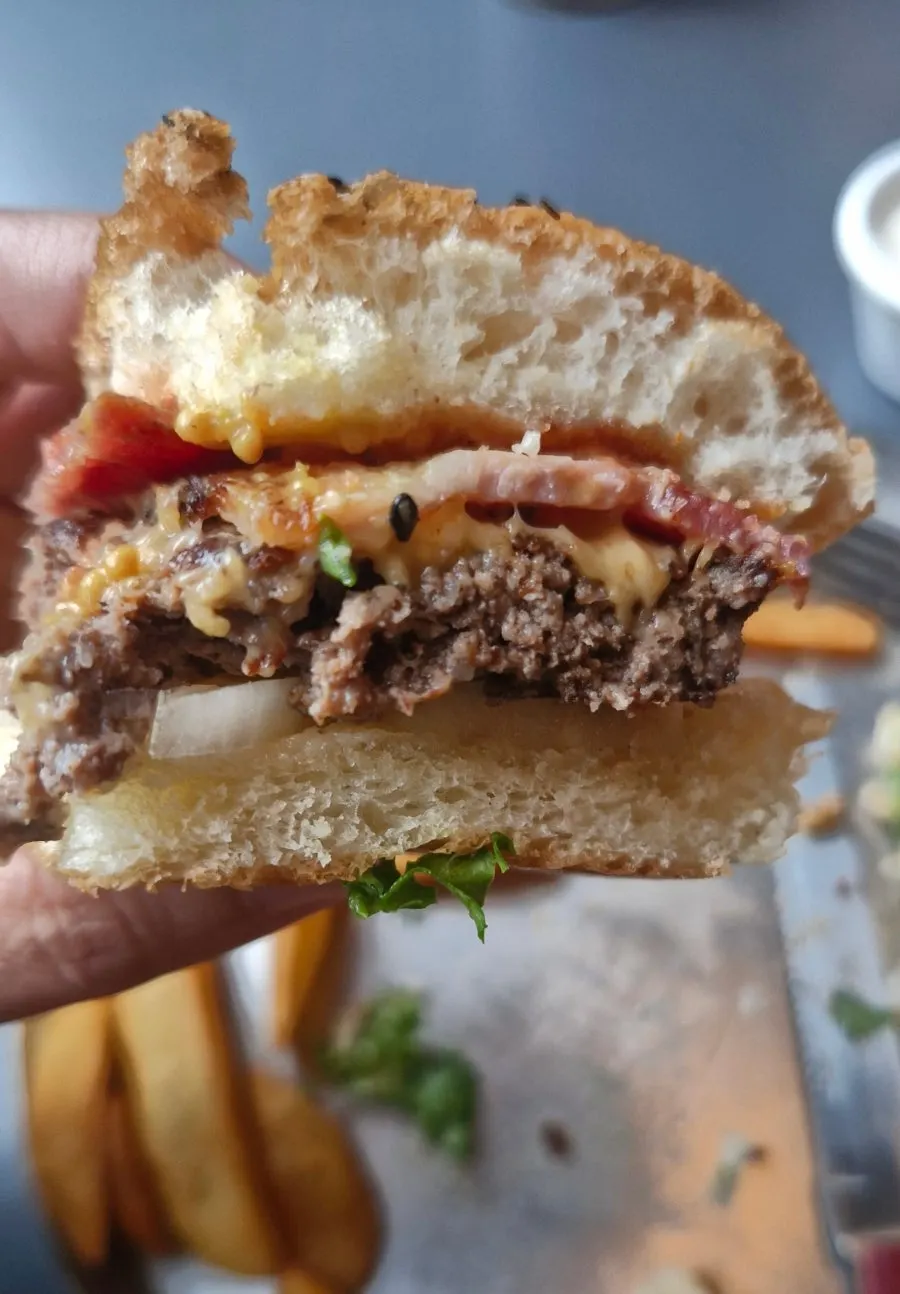 Burger showing house-made bacon and Hanwoo patty