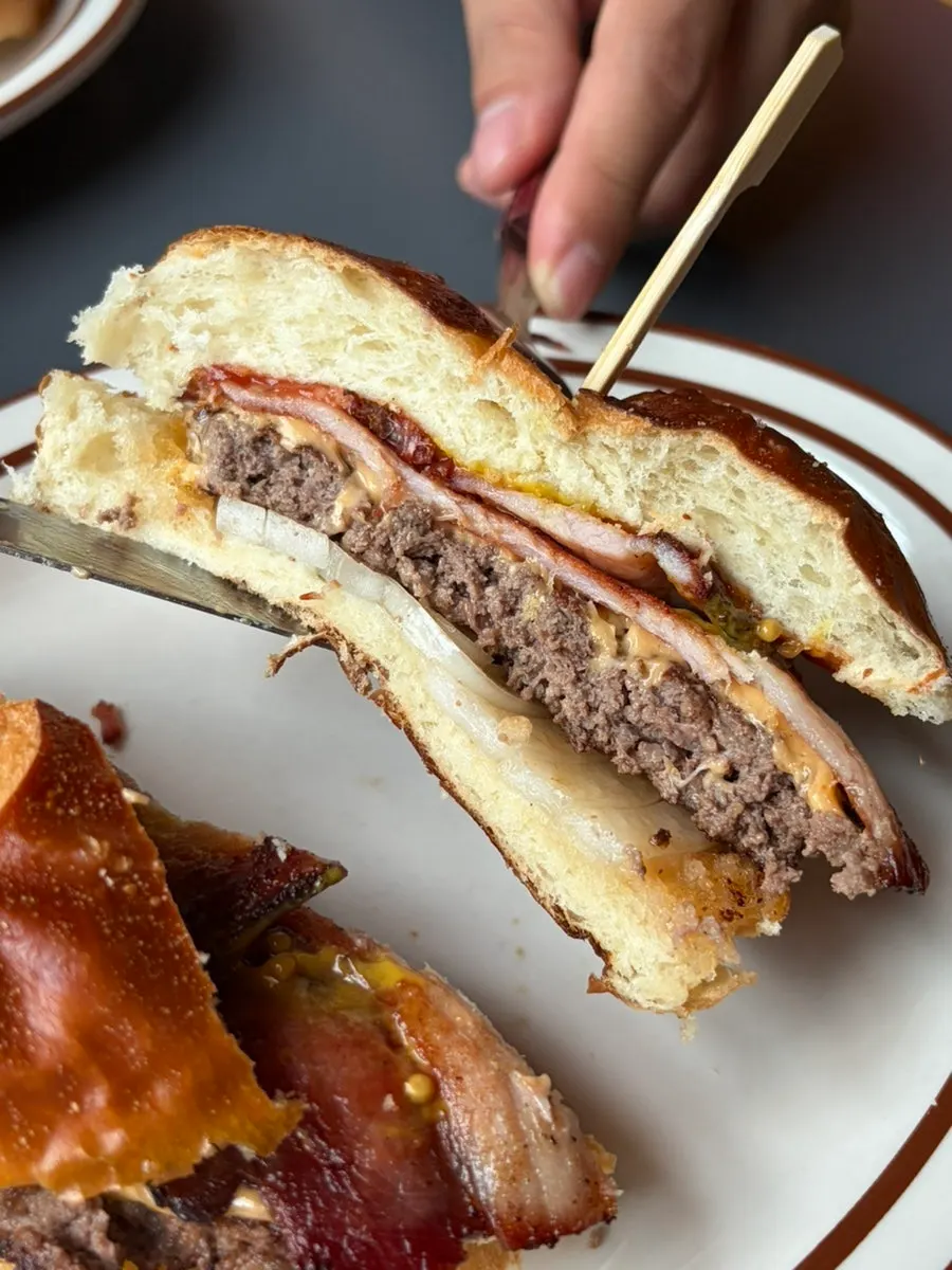 Cross-section showing house-made bacon and Hanwoo patty