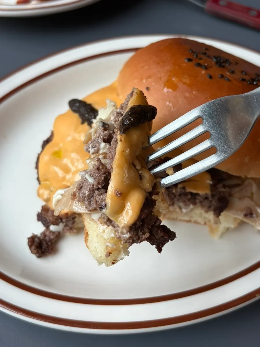 Bitten cross-section of the truffle mushroom burger