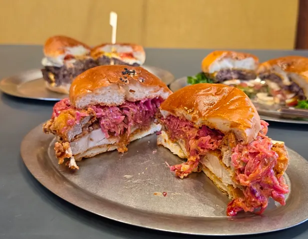 Fried whole thigh meat inside the chicken burger