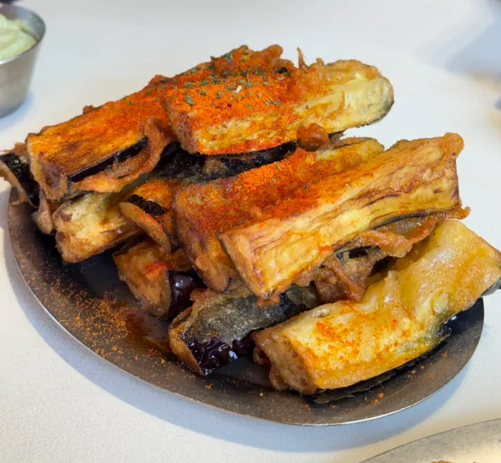 Close-up of the fried eggplant sticks