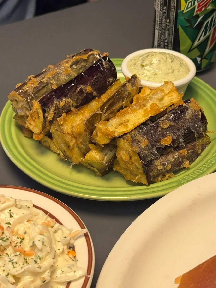 Eggplant fries served with green mayo sauce