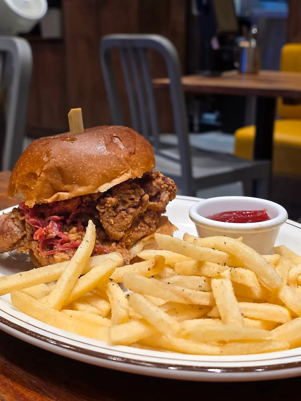 Cross-section of the chicken burger with spicy coleslaw