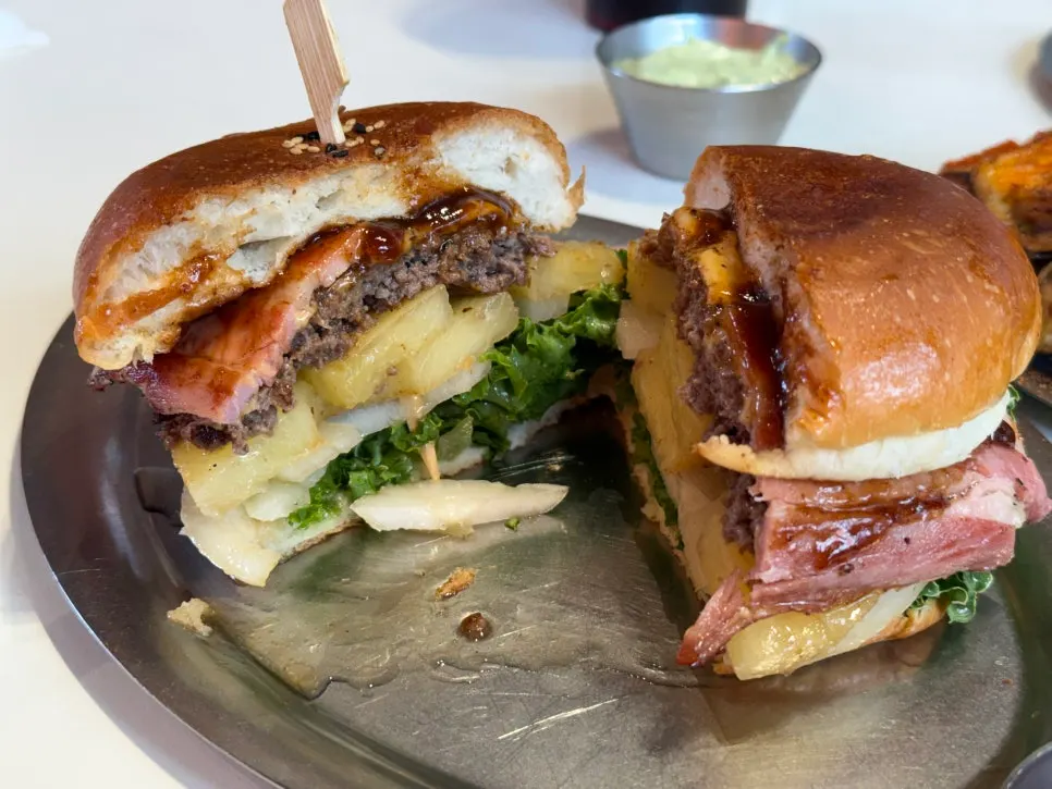 Hawaiian bacon BBQ burger with layered pineapple and bacon