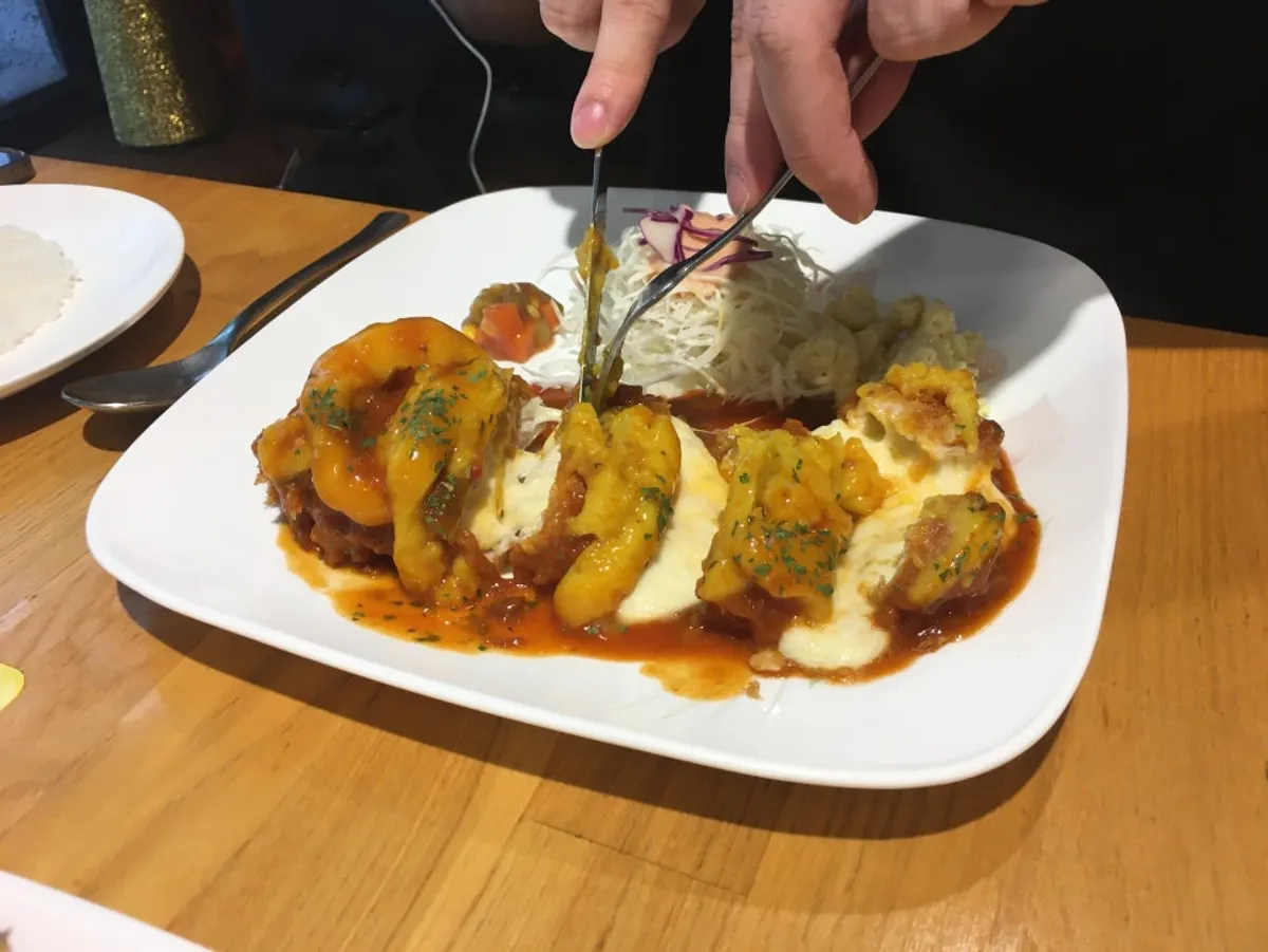 Spicy sweet potato cheese cutlet topped with sweet potato mousse