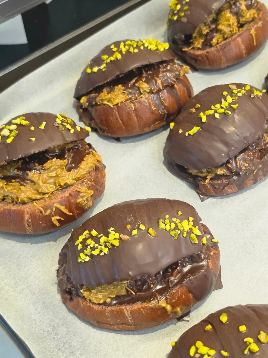 Close-up of cake slices in the showcase