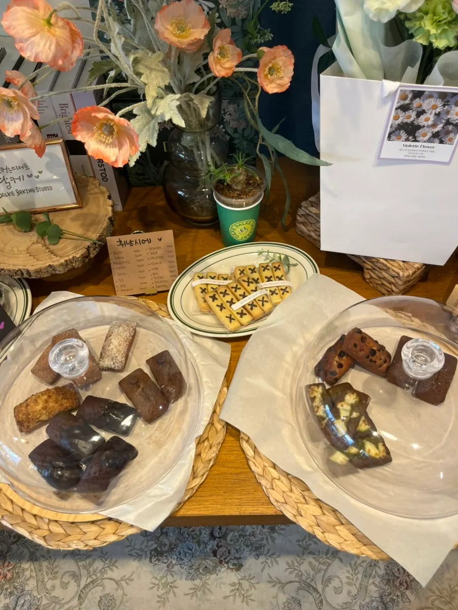 Dessert showcase with financiers and cakes