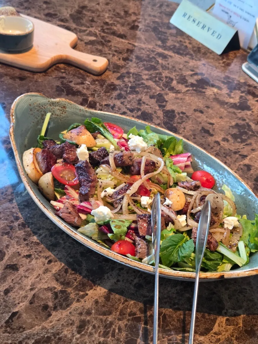 Close-up of the beef steak salad