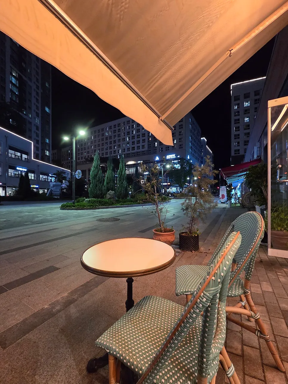 Outdoor terrace seating in the evening