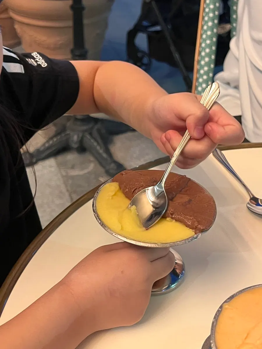 A gelato cup with chocolate and orange flavors