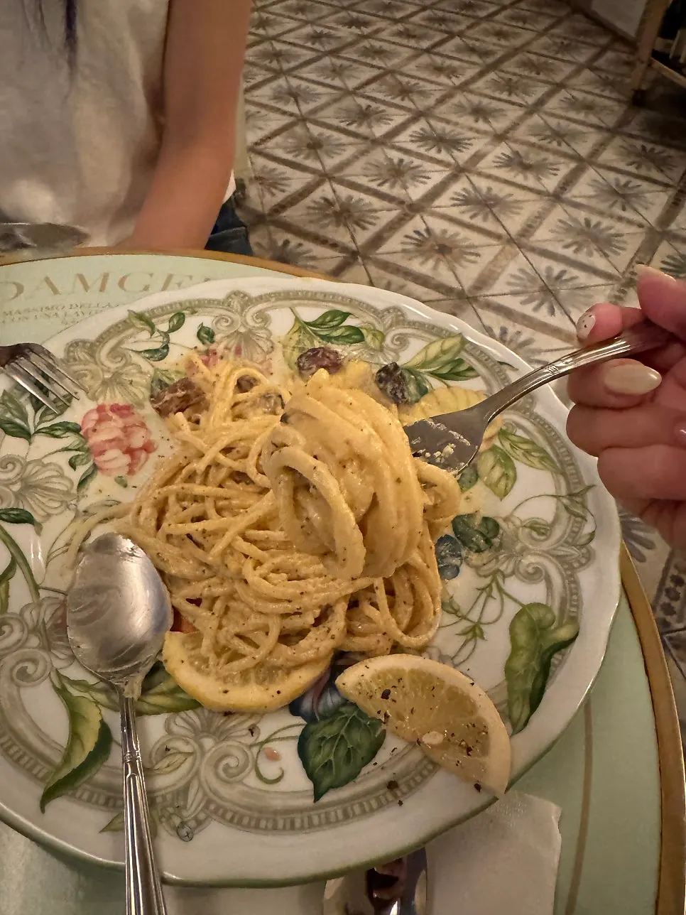 Close-up of lemon carbonara with egg yolk and cheese