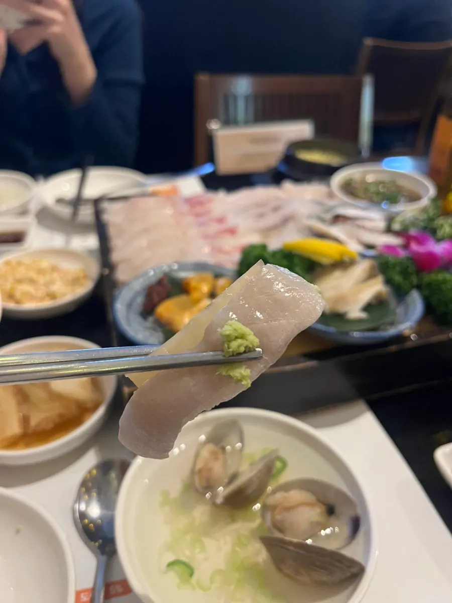 Flounder fin sashimi paired with aged kimchi
