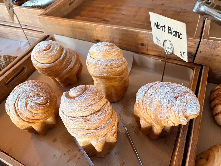 Mont Blanc, meat sausage paste bread, and vanilla pain suisse