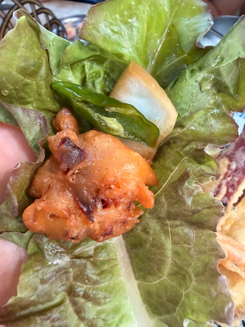 Jeolla-style lettuce wrap fry topped with pickled onion