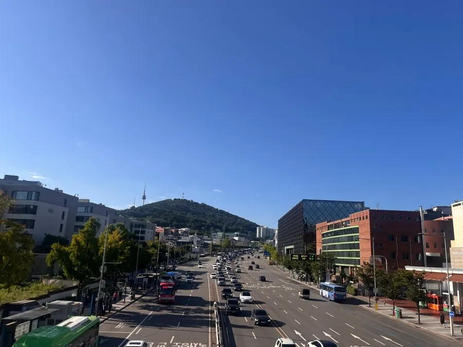 View from the pedestrian overpass toward Hannam Five-Way Street