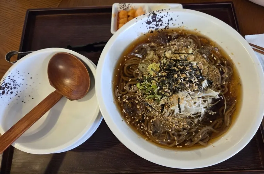 A bowl of cold soba topped with sesame powder