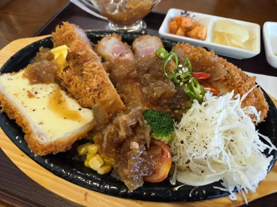 Tokyo rosu katsu topped with onion-heavy sauce