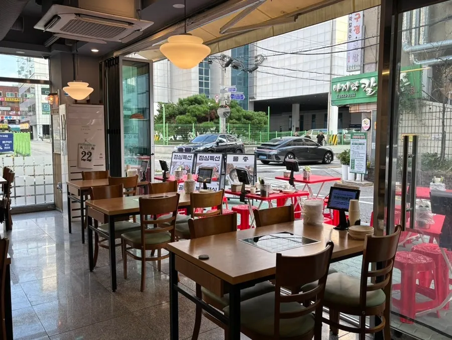Outdoor patio tables set up outside
