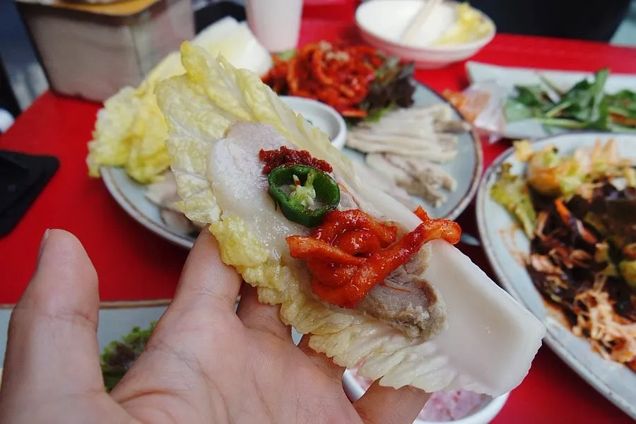 Gaburisal bossam served with bossam kimchi and ssamjeot sauce
