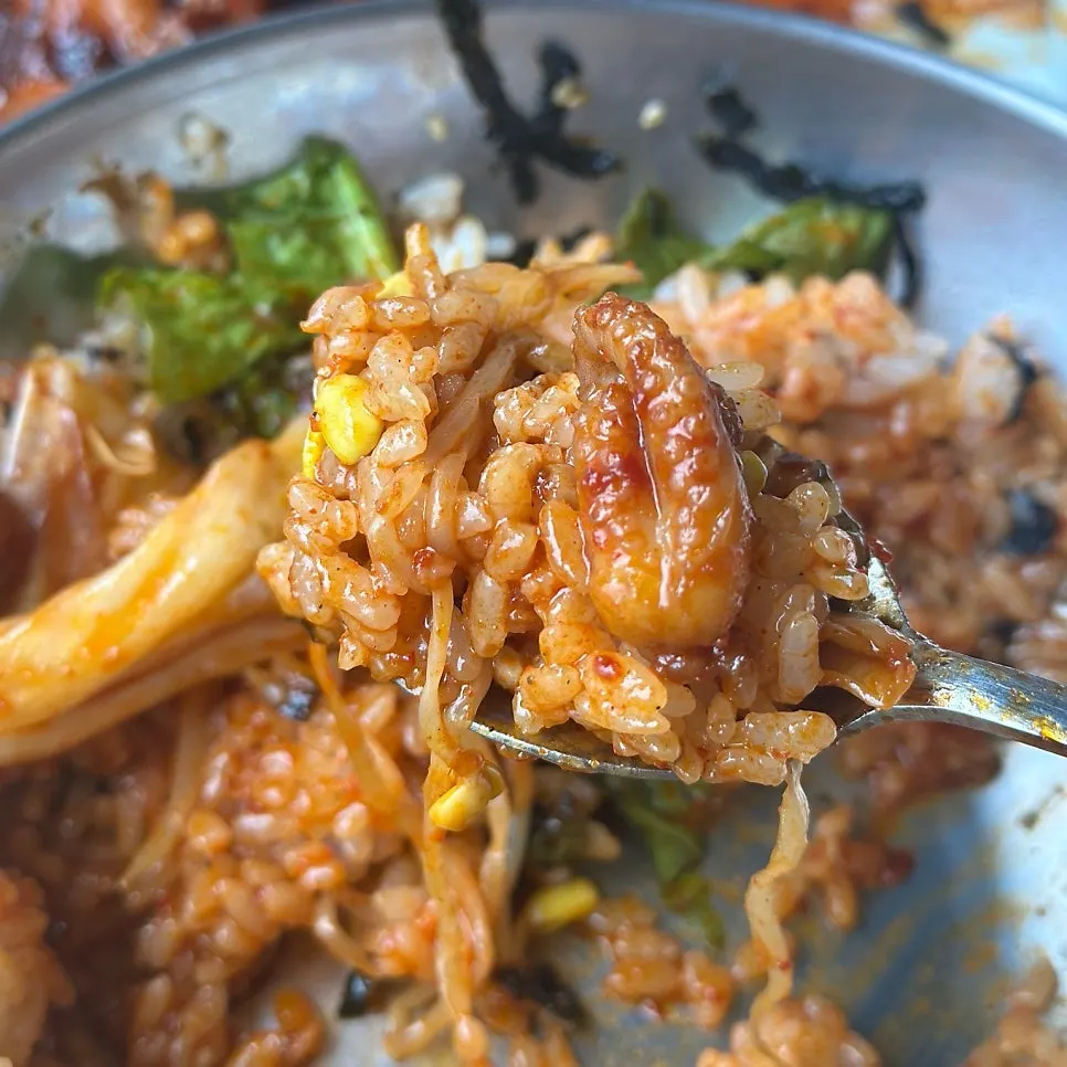 Close-up of the mixed rice with octopus