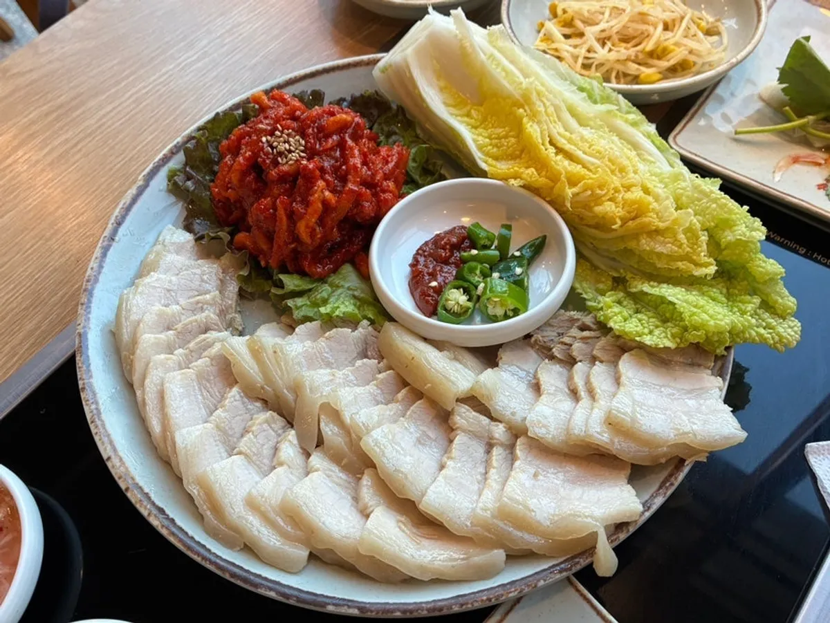 Close-up of a piece of pork jowl bossam meat